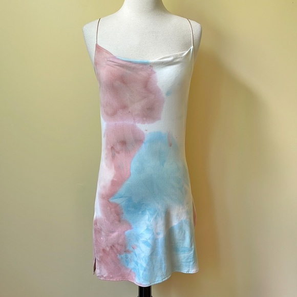 tie dye mini slip dress Trendy Purple Tie-Dye Dress - Cowl Neck Dress - Mini Slip Dress